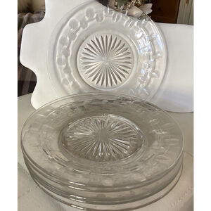 Pressed Glass Salad Plates SET OF 6 Thumbprint Pattern W/Starburst 8" Luncheon